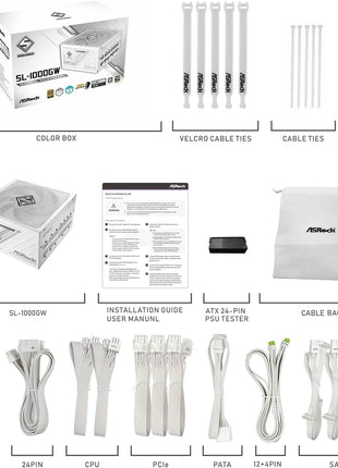 ASRock Steel Legend SL-1000GW 1000W 80 Plus Gold & Cybenetics Platinum Full Modular Power Supply ATX3.1 PCIe5.1 Ready with Dual Color 12V-2x6 Cable 10 Years Warranty White Edition Japanese Capacitor