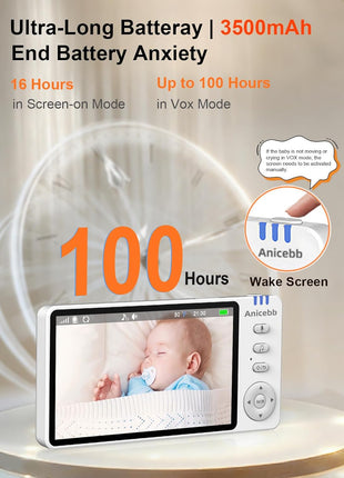 5inch HD Video Baby Monitor with Camera and Audio, No WiFi Hack-Proof Security, Remote Pan-Tilt-Zoom, 100-Hour Battery Life in VOX Mode, 1000ft Range, Night Vision, Temperature & Cry Alerts