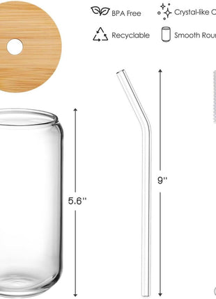 Drinking Glasses with Bamboo Lids and Glass Straw 4pcs Set - 16oz Glass Cups, Iced Coffee Glasses, Cute iced Tea Glasses, Beer Glasses, Ideal for Coffee Bar Accessories, Aesthetic Gift - 2 Brushes