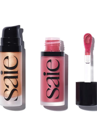 Saie Mini Glowy Super Gel Lightweight llluminator & Makeup Primer - Sunglow (0.5 oz) + Dew Blush - Lightweight Liquid Blush with a Blendable + Buildable Cream Finish - Dreamy (.40 oz)