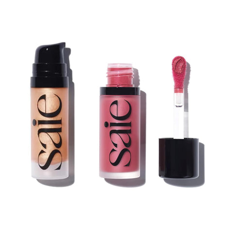 Saie Mini Glowy Super Gel Lightweight llluminator & Makeup Primer - Sunglow (0.5 oz) + Dew Blush - Lightweight Liquid Blush with a Blendable + Buildable Cream Finish - Dreamy (.40 oz)
