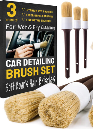 Car Detailing Brush Set 3-pc - Scratch-Free Boars Hair for Interior and Exterior Work - Pro Quality Car Cleaning Brush Kit for Leather Seats, Dashboards, Wheels, Grills and Paint
