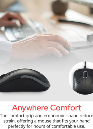Verbatim USB Silent Corded Optical Mouse - Computer Wired Noiseless and Silent Click Mouse for Mac and PC - Black