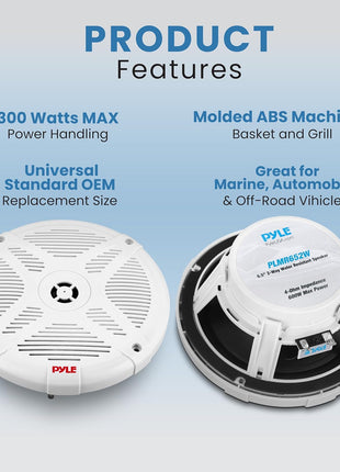 Pyle 6.5 Inch Marine Speakers (Pair) - 2-way IP-X4 Waterproof and Weather Resistant Outdoor Audio Dual Stereo Sound System with 600 Watt Power and Low Profile Design - Pyle PLMR652W (White)