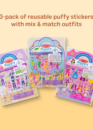 Melissa & Doug Puffy Sticker Activity Books Set of 3 – Dress-Up, Princess & Mermaid, with 208 Reusable Stickers and Fold-Out Scenes, Mess-Free Travel Toys for Kids Ages 4+ - FSC Certified