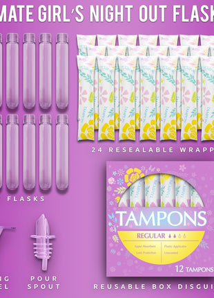GoPong Tampon Flasks 12 Pack (18 oz Total)   Hidden Alcohol Travel Flasks for Women   Secret Liquor Containers for Nightclubs, Festivals, Cruises, and Sports Events ? Includes Funnel & Spout