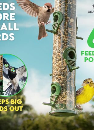 Bird Feeders for Outdoors (Green) Squirrel Proof Hanging Bird Feeder with Locking Lid & Adjustable Hanger, Chew-Proof, Weather Resistant 15 Inches 6 Port