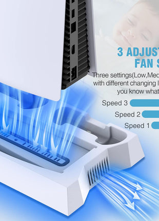 PS5/PS5 Slim/PS5 Pro Stand and Cooling Station with Dual Controller Charging Station for PlayStation 5 Console, PS5 Accessories Incl. Controller Charger, Cooling Fan, Headset Holder, 3 USB Hub, White