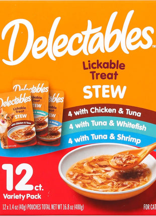 Delectables Lickable Treat Stew Wet Cat Treat Variety Pack, Food Topper, Hydrating, Grain-Free, No Fillers, No By-Products, No Added Preservatives, 1.4oz Pouch, 12ct