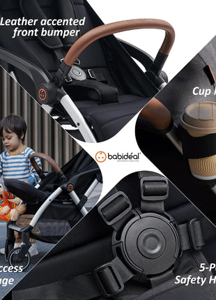 Babideal Lightweight Travel Stroller for Baby, Self-Folding Toddler Stroller with Large Canopy, One-Hand Operated Reclining Seat, Cup Holder Included - Newborn to 50lbs. (Black)