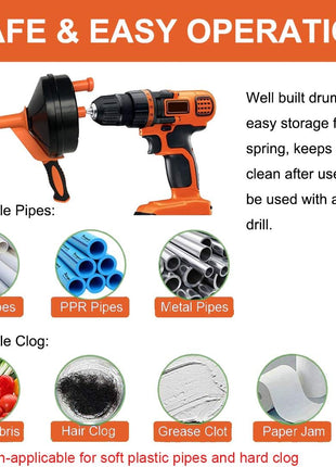 Drain Auger, Clog Remover with Drill Adapter, 25 Feet Flexible Plumbing Snake Use Manually or Powered for Kitchen, Bathroom and Shower Sink, Comes with Gloves (orange)
