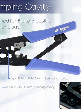 TRENDnet Crimping Tool, Crimp, Cut, And Strip Tool, For Any Ethernet or Telephone Cable, Built-In Cutter And Stripper, 8P-RJ-45 And 6P-RJ-12, RJ-11, All Steel Construction, Black, TC-CT68