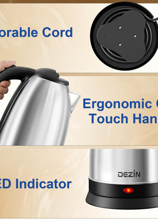 DEZIN Electric Kettle Upgraded, BPA Free 2L Stainless Steel Tea Kettle, Fast Boil Water Warmer with Auto Shut Off and Boil Dry Protection Tech for Coffee, Tea, Beverages