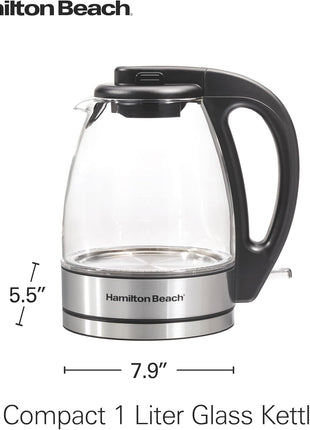 Hamilton Beach 1 Liter Electric Tea Kettle, Water Boiler & Heater | Fast Boiling 1500 Watts | BPA Free | Cordless Serving | Auto-Shutoff & Boil-Dry Protection | Blue LED | Clear Glass
