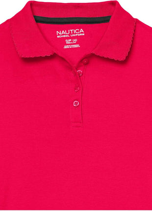 Nautica Girls' School Uniform Short Sleeve Polo Shirt, Button Closure, Soft Pique Fabric, Hot Pink, 8-10