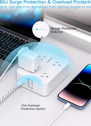 Surge Protector Power Strip - HANYCONY 8 Outlets 4 USB (2 USB C) Charging Ports, Multi Plug Outlet Extender, 5Ft Braided Extension Cord, Flat Plug Wall Mount Desk Charging Station for Home Office ETL