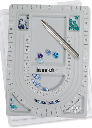 The Beadsmith Bead Board with Cover, Grey Flocked | 3 U-Shaped Channels, 6 Recessed Compartments,13.25 x 9.75 inches, Design Boards for Creating Bracelets, Necklaces and More