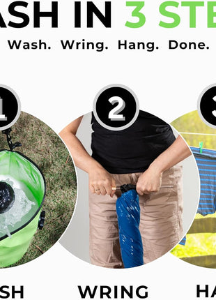 All in One Hand Wash Bag and Plunger Set - Off Grid Washing Machine Non Electric for Camping Travel | Eco Friendly Portable Manual Clothes Washer Laundry Bag for RV's (Medium)