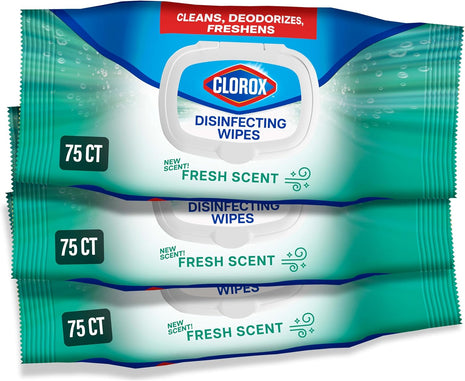 Clorox Disinfecting Wipes, Bleach Free, Household Essentials, Fresh Scent, Moisture Seal Lid, 75 Cleaning Wipes, Pack of 3 (New Packaging)