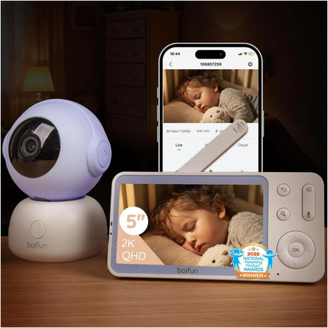 BOIFUN Wi-Fi Baby Monitor with Camera and Audio, Smartphone Compatible APP, 2K HD Night Vision with 5inch Display, Auto Motion Tracking & Cry Detection, 2-Way Talk, Temp Sensor, Safe Encrypted