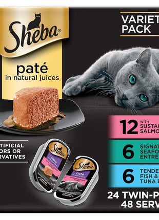 Sheba Perfect Portions Wet Cat Food Pate with Sustainable Salmon, Signature Seafood Entree, and Tender Whitefish and Tuna Entree Variety Pack, 2.6 oz. Twin Pack Trays (24 Count, 48 Servings)
