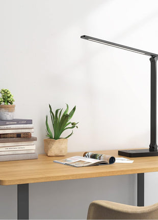 Lepro Desk Lamp with USB Charging Port for Home Office, 650LM 9.5W, Black | Dimmable Task Light, 5 Colors 5 Brightness, Eye Caring Table Lamp for Dorm Room, Sewing, Crafting, Reading, Nail, Drafts