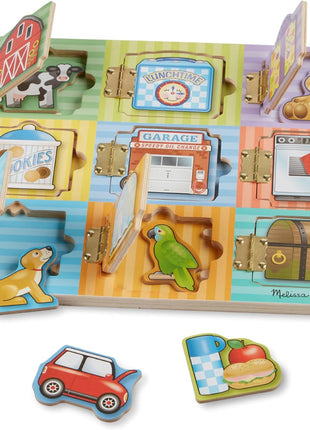 Melissa & Doug Wooden Hide & Seek Activity Board – Montessori Busy Board with Hinges, Doors & 9 Wooden Magnetic Puzzles, Educational Preschool Learning Toy for Toddlers & Kids Ages 3+