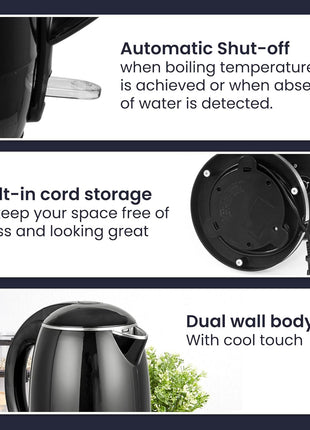 Elite Gourmet EKT1821 1.8L Cool-Touch Kettle, 1500W Stainless Steel, Black | Double Wall Insulated, Stainless Steel Interior & Lid, 360° Swivel Base, Power-On Lever, Auto Shut-Off & Boil-Dry Protection