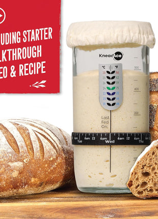 KneadAce Sourdough Starter Jar With Date Marked Feeding Band, Thermometer, Sourdough Jar Scraper, Sourdough Container Sewn Cloth Cover & Metal Lid, Sourdough Starter Kit