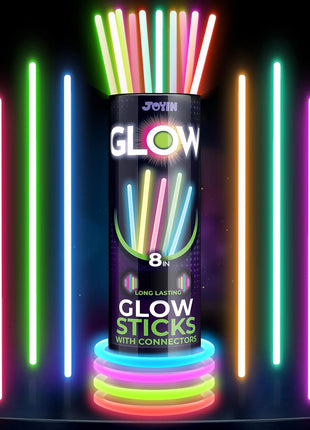JOYIN 100 Pcs 8" Glow sticks Bulk Party Favors Pack, Neon Glow in the Dark Party Supplies, Light Up Necklaces and Bracelets with Connectors, Easter, Football, Birthday Decorations