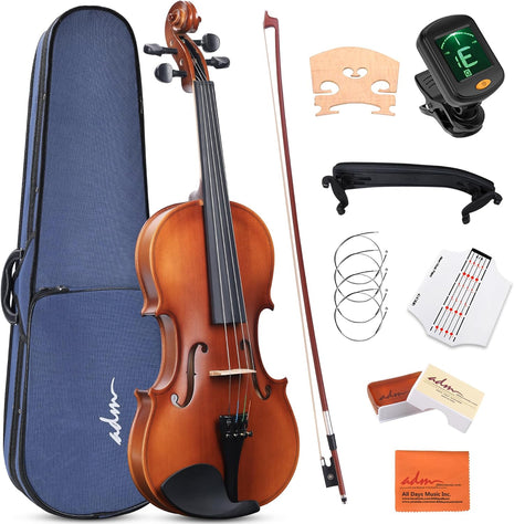 ADM 1/4 Size Wood Violin Set for Kids Teens Students Adults Beginner Acoustic Violin Matte Fiddle Starter Kit with Hard Case, Rosin, Shoulder Rest, Bow, Clip-on Tuner and Fingerboard Sticker