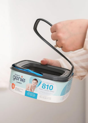 Diaper Genie Jumbo Square Refill, with Continuous Film, can Hold up to 810 Newborn-Sized Diapers per Refill.