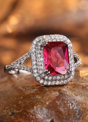 Vintage 925 Sterling Silver Promise Rings for her,Ruby Ring Cocktail Rings Square Cut Red Gemstone Cubic Zirconia Anniversary Promise Ring Halo Ring Eternity Engagement Wedding Band Ring for Women 10