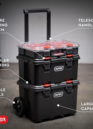 Keter Stack-n-Roll Modular Tools Organizer for Garage Storage and DIY, 3 Piece Resin Rolling Tool Box System for Small Parts, Black