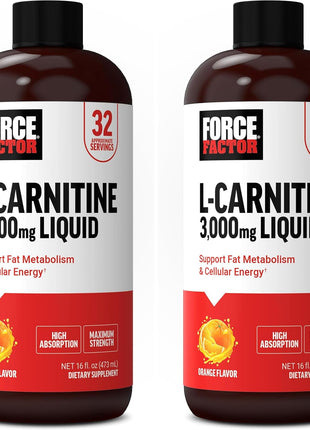 Force Factor L Carnitine Supplement, Liquid L-Carnitine 3000 mg to Help Turn Fat Into Energy, Support Muscle Recovery, and Boost Cellular Energy, Maximum Strength, Non-GMO, Orange Flavor, 16 Oz.