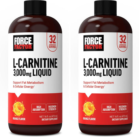 Force Factor L Carnitine Supplement, Liquid L-Carnitine 3000 mg to Help Turn Fat Into Energy, Support Muscle Recovery, and Boost Cellular Energy, Maximum Strength, Non-GMO, Orange Flavor, 16 Oz.