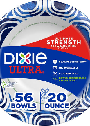 Dixie Ultra, Large Paper Bowls, 20 Oz, 56 Count, Microwave Safe, Compostable, Disposable Bowls Great For Breakfast, Lunch, And Dinner Meals