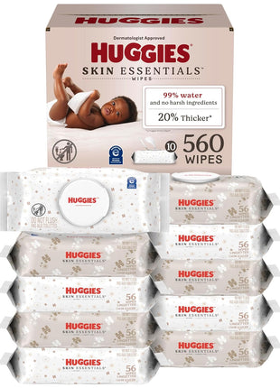 Huggies Skin Essentials Baby Wipes, Hypoallergenic, 99% Water, 10 Flip Top Packs (560 Wipes Total)