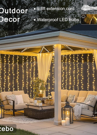 JMExSUSS 300 LED Remote Control Christmas Curtain Lights, Plug in Fairy Curtain Lights Outdoor, Window Wall Hanging String Lights for Bedroom Backdrop Wedding Party Indoor Patio xmas Decor, Warm White
