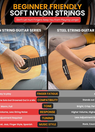 Pyle Beginner Acoustic Guitar Kit, 1/4 Junior Size All Wood Build Nylon Stringed Instrument with Capo, Strap, Extra String Set, Gig Bag, Guitars for Beginners Adults Youth, 30" Natural Gloss