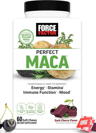 Force Factor Perfect Maca, Maca Root & DIM Supplement with Saffron | Boost Energy and Mood, with Yellow and Black Maca, Vitamins, Minerals, and Antioxidants, Dark Cherry Flavor, 60 Soft Chews