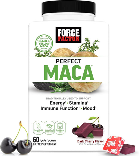 Force Factor Perfect Maca, Maca Root & DIM Supplement with Saffron | Boost Energy and Mood, with Yellow and Black Maca, Vitamins, Minerals, and Antioxidants, Dark Cherry Flavor, 60 Soft Chews