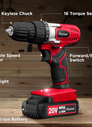 AVID POWER 20V MAX Lithium lon Cordless Drill Set, Power Drill Kit with Battery and Charger, 3/8-Inch Keyless Chuck, Variable Speed, 16 Position and 22pcs Drill Bits (Red)