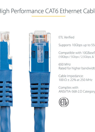 StarTech 7ft CAT6 Ethernet Cable - Blue CAT 6 Gigabit Ethernet Wire -250Mhz 100W PoE RJ45 UTP Molded Network Patch Cord with Strain Relief (C6PATCH7BL)
