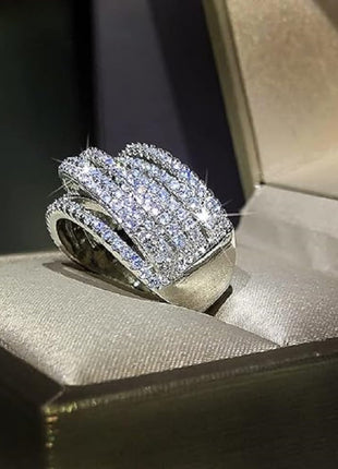 S925 Sterling Silver Luxury Fashion Shiny Full Diamond Multilayer Geometric Ring Cubic Zirconia Rings Anniversary Ring CZ Diamond Eternity Engagement Wedding Rings Women Jewelry Size 6-10 CZC704