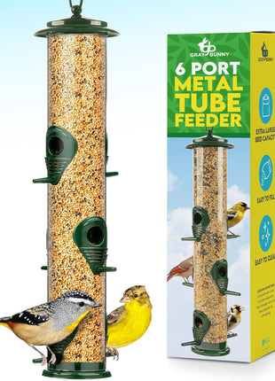 Bird Feeders for Outdoors (Green) Squirrel Proof Hanging Bird Feeder with Locking Lid & Adjustable Hanger, Chew-Proof, Weather Resistant 15 Inches 6 Port