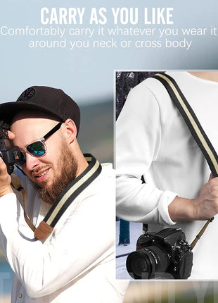 MoKo Camera Strap Compitable with Canon/Sony/Nikon/Minolta/Panasonic/DSLR | Cotton Vintage Camera Strap,Adjustable Neck Shoulder Strap,for Camcorder,Binoculars,for Adults Kids, Black + Beige