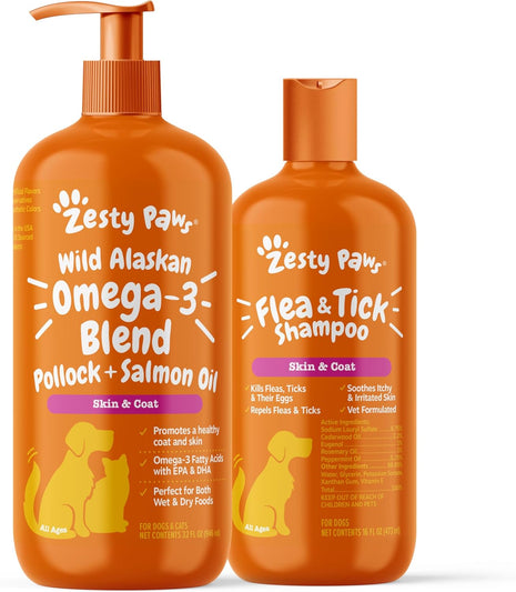 Zesty Paws Wild Alaskan Omega-3 Blend Pollock + Salmon Oil + Flea and Tick Shampoo for Dogs