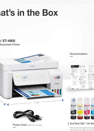 Epson EcoTank ET-4800 Wireless All-in-One Cartridge-Free Supertank Printer with Scanner, Copier, Fax, ADF and Ethernet – Ideal-for Your Home Office, White