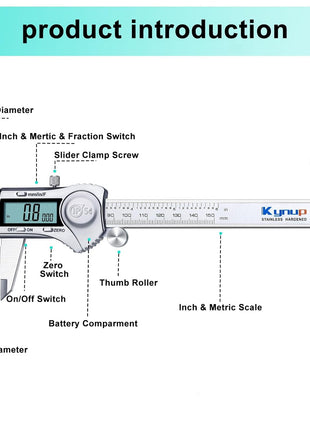 Kynup Digital Caliper 6 Inch Measuring Tool, Professional Stainless Steel Electronic Micrometer with Large LCD Screen, Vernier Caliper, Inch Metric Fraction Conversion, Auto-Off, IP54 Splash Proof